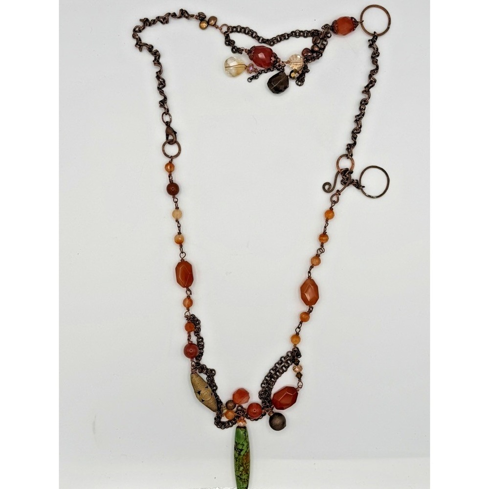 Boho Artisan Necklace w Green Stone Pendant, Mixed Beads & Chain – Long Length